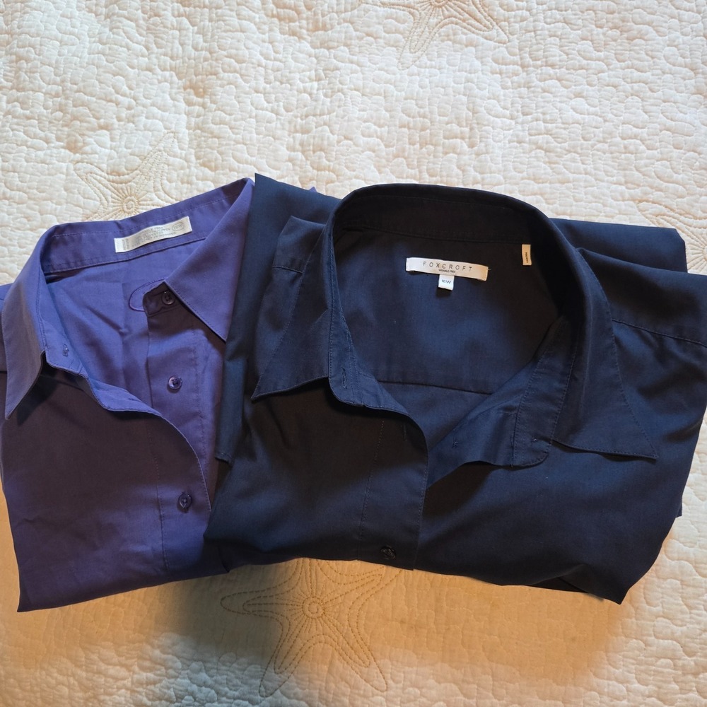 2 Foxcroft Womens Wrinkle Free Button Up Shirts Size 16W Navy and Purple Boxy